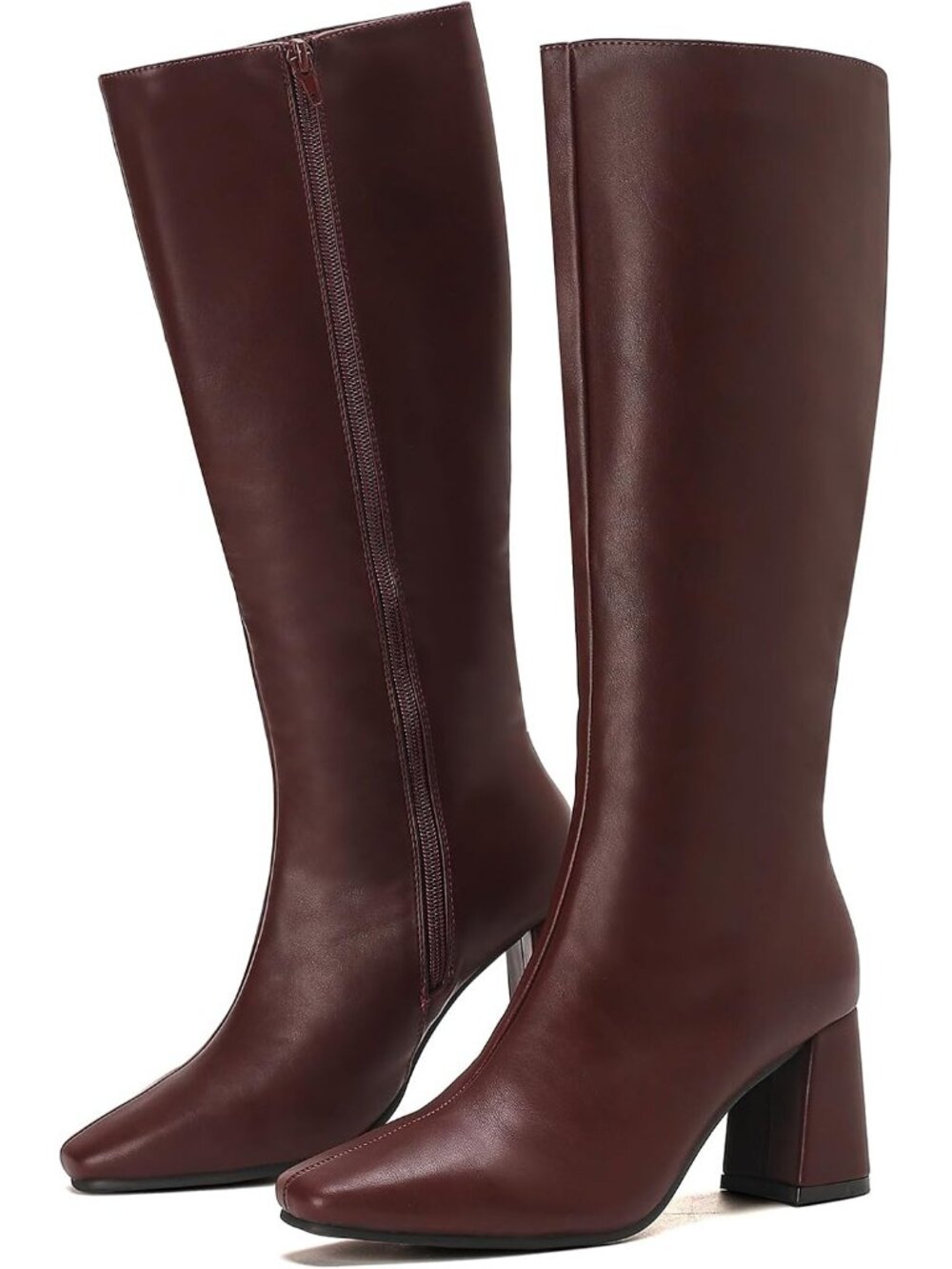 Women's Burgundy Square Toe High Stiletto Heel Slouchy Putu Knee High Dress Boot
